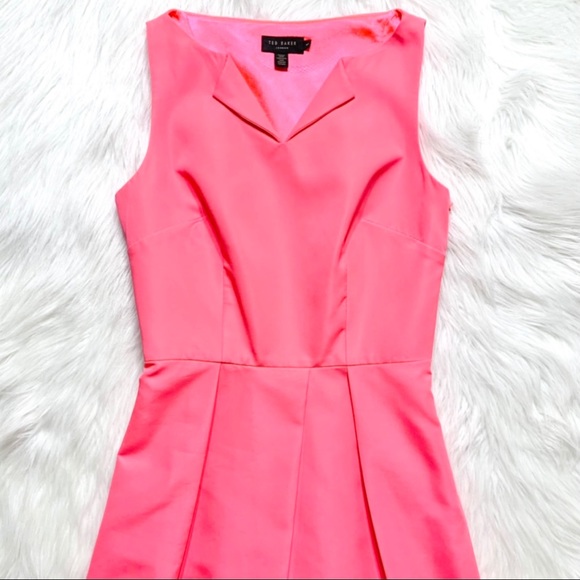 SOLD-Ted Baker Coral Pink Pleated Fit Flare Dress - Picture 6 of 12